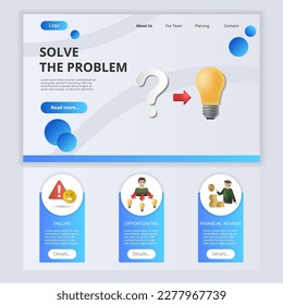Solve the problem flat landing page website template. Failure, opportunities, financial adviser. Web banner with header, content and footer. Vector illustration.