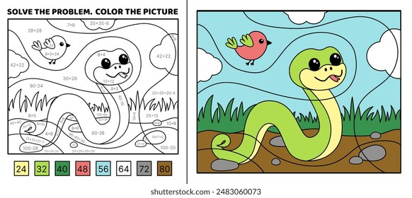 Solve the problem. Funny snake is crawling in the grass. Color the picture. Coloring book. Addition, Subtraction, multiplication, division, Coloring book. Cartoon, vector. Isolated vector illustration