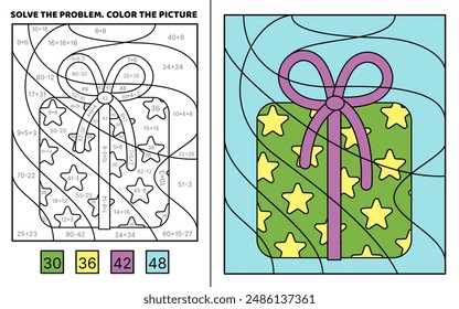 Solve the problem. Green present with stars. Color the picture. Coloring book. Addition, Subtraction, multiplication, division, Coloring book. Cartoon, vector. Isolated vector illustration eps 10