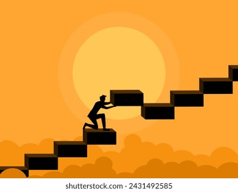 Solve the problem of growth. Businessman connects space on stairs 