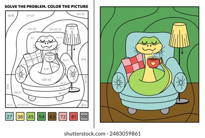 Solve the problem. Happy snake on cozy armchair. Color the picture. Coloring book. Addition, Subtraction, multiplication, division, Coloring book. Cartoon, vector. Isolated vector illustration eps 10