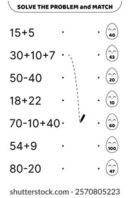 Solve the problem and match. Black and white. Eggs. Addition and subtraction. Educational preschool game for kids. Isolated vector illustration eps 10