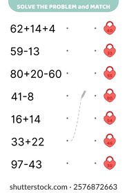Solve the problem and match. Heart locks. Addition and subtraction. Educational preschool game for kids. Cartoon, isolated vector illustration eps 10
