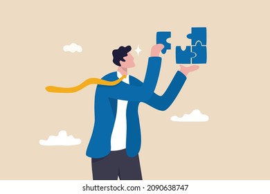 Solve problem or solution to achieve business success, decision, creativity or skill to overcome difficulty and finish work concept, smart businessman solving jigsaw puzzle problem.