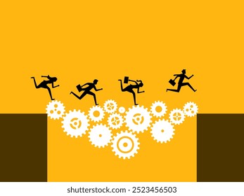 Solve the problem together. Business team runs through the gap with gears 