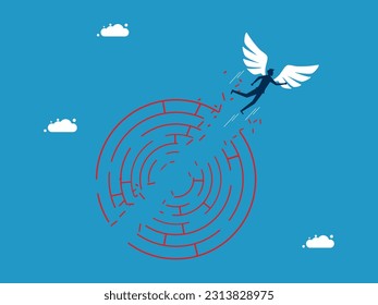 Solve problems and overcome obstacles. man flying with angel wings through puzzle maze