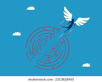 Solve problems and overcome obstacles. woman flying with angel wings through puzzle maze