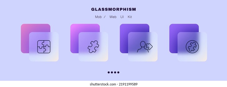 Solve Problems Puzzles Set Icon. Jigsaw, Conundrum, Perform Tasks, Man, Thinking, Creativity, Philosophy. Business Concept. Glassmorphism Style. Vector Line Icon For Business And Advertising.