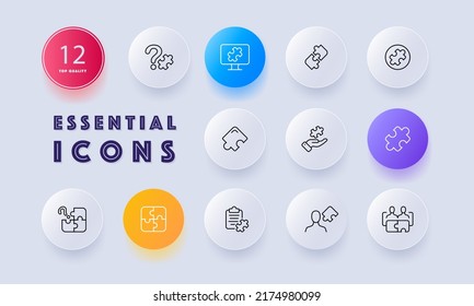 Solve problems set icon. Puzzles, perform tasks, work, question mark, creative thinking, occupation, hand, clipboard. Business concept. Neomorphism. Vector line icon for Business and Advertising.
