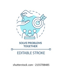 Solve Problems Together Turquoise Concept Icon. Family Relationship. Teamwork Abstract Idea Thin Line Illustration. Isolated Outline Drawing. Editable Stroke. Arial, Myriad Pro-Bold Fonts Used