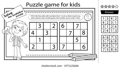 Solve the sudoku puzzle together with the boy. Logic puzzle for kids. Education game for children. Coloring Page. Worksheet vector design for schoolers.
