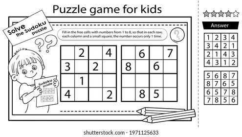 Solve the sudoku puzzle together with the boy. Logic puzzle for kids. Education game for children. Coloring Page. Worksheet vector design for schoolers.