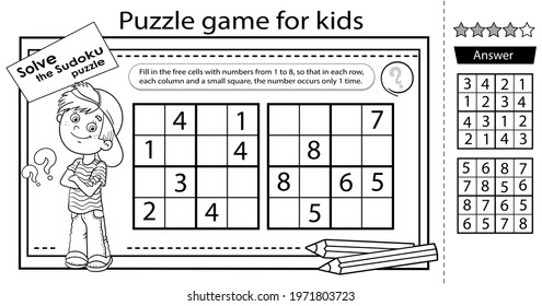 Solve the sudoku puzzle together with the boy. Logic puzzle for kids. Education game for children. Coloring Page. Worksheet vector design for schoolers.