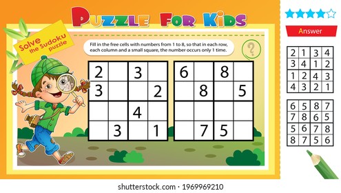 Solve the sudoku puzzle together with the detective girl. Logic puzzle for kids. Education game for children. Worksheet vector design for schoolers.