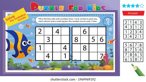 Solve the sudoku puzzle together with the fun little fish. Logic puzzle for kids. Education game for children. Worksheet vector design for schoolers.
