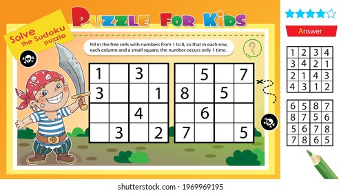 Solve the sudoku puzzle together with the fun little pirate. Logic puzzle for kids. Education game for children. Worksheet vector design for schoolers.
