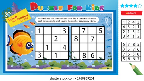 Solve the sudoku puzzle together with the fun little fish. Logic puzzle for kids. Education game for children. Worksheet vector design for schoolers.