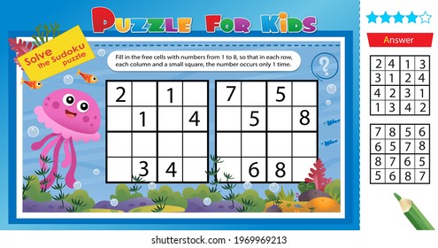 Solve the sudoku puzzle together with the fun little jellyfish. Logic puzzle for kids. Education game for children. Worksheet vector design for schoolers.