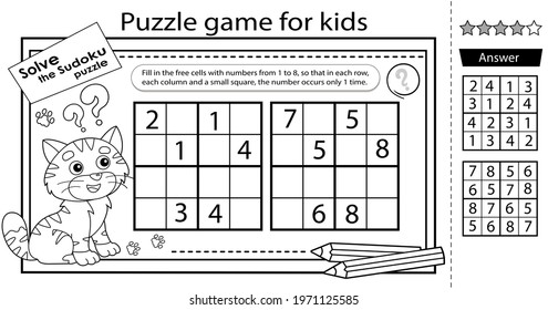 Solve the sudoku puzzle together with the fun cat. Logic puzzle for kids. Education game for children. Coloring Page. Worksheet vector design for schoolers. 