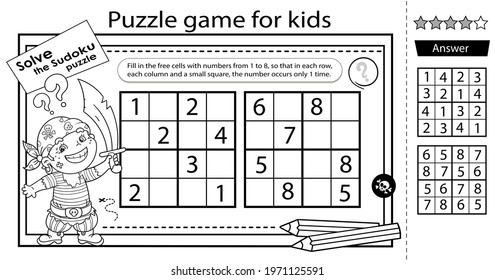 Solve the sudoku puzzle together with the fun pirate. Logic puzzle for kids. Education game for children. Coloring Page. Worksheet vector design for schoolers.