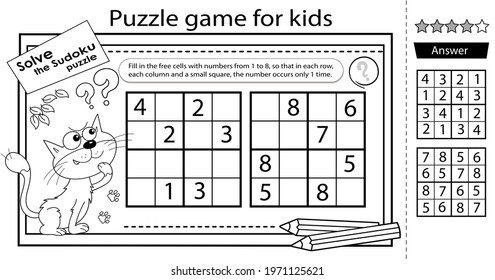 Solve the sudoku puzzle together with the fun cat. Logic puzzle for kids. Education game for children. Coloring Page. Worksheet vector design for schoolers. 