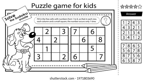 Solve the sudoku puzzle together with the fun dog. Logic puzzle for kids. Education game for children. Coloring Page. Worksheet vector design for schoolers. 