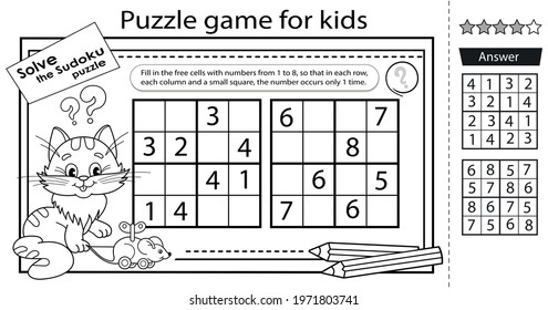 Solve the sudoku puzzle together with the fun cat. Logic puzzle for kids. Education game for children. Coloring Page. Worksheet vector design for schoolers. 
