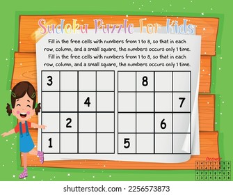Solve the Sudoku puzzle together with the fun little girl. A logic puzzle for kids. Education game for children. Vector worksheets for children
