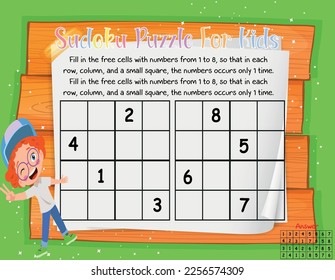 Resuelva el rompecabezas de Sudoku junto con el divertido niñito. Un rompecabezas lógico para los niños. Juego educativo para niños. Hojas de trabajo de vectores para niños
