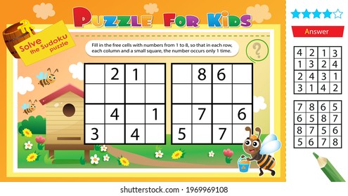 Solve the sudoku puzzle together with the function bees. Logic puzzle for kids. Education game for children. Worksheet vector design for schoolers.