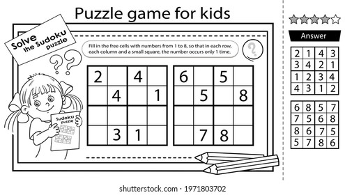 Solve the sudoku puzzle together with the funny girl. Logic puzzle for kids. Education game for children. Coloring Page. Worksheet vector design for schoolers.