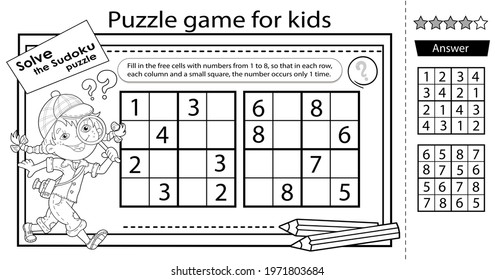 Solve the sudoku puzzle together with the girl detective with loupe. Logic puzzle for kids. Education game for children. Coloring Page. Worksheet vector design for schoolers.