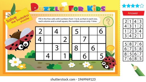 Solve the sudoku puzzle together with the little ladybugs. Logic puzzle for kids. Education game for children. Worksheet vector design for schoolers. 