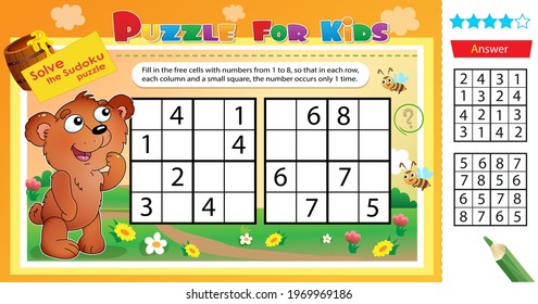 Solve the sudoku puzzle together with the little bear. Logic puzzle for kids. Education game for children. Worksheet vector design for schoolers.