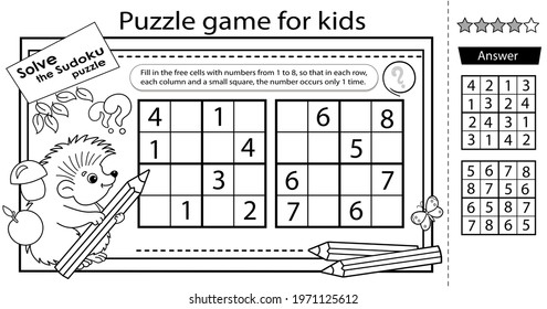 Solve the sudoku puzzle together with the little hedgehog. Logic puzzle for kids. Education game for children. Coloring Page. Worksheet vector design for schoolers. 