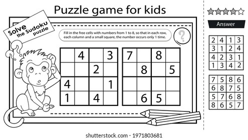 Solve the sudoku puzzle together with the little monkey. Logic puzzle for kids. Education game for children. Coloring Page. Worksheet vector design for schoolers. 