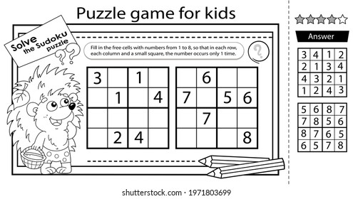 Solve the sudoku puzzle together with the little hedgehog. Logic puzzle for kids. Education game for children. Coloring Page. Worksheet vector design for schoolers. 