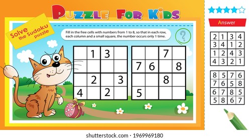 Solve the sudoku puzzle together with the orange cat. Logic puzzle for kids. Education game for children. Worksheet vector design for schoolers. 