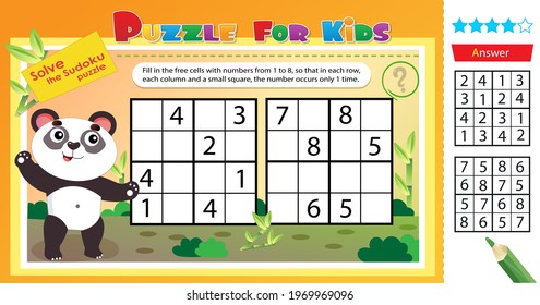 Solve the sudoku puzzle together with the panda. Logic puzzle for kids. Education game for children. Worksheet vector design for schoolers.