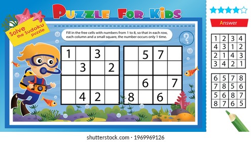 Solve the sudoku puzzle together with the scuba diver. Logic puzzle for kids. Education game for children. Worksheet vector design for schoolers.