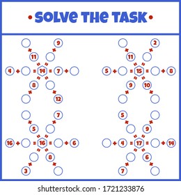 Solve the task. Mathematical puzzle game. Worksheet. Learning mathematics. Tasks for addition for preschool children.