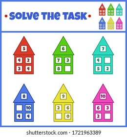 Solve the task. Mathematical puzzle game. Worksheet. Learning mathematics. Tasks for addition for preschool children.