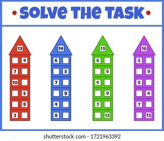 Solve the task. Mathematical puzzle game. Worksheet. Learning mathematics. Tasks for addition for preschool children.