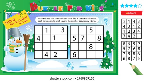 Solve the winter sudoku puzzle together with the snowman. Logic puzzle for kids. Education game for children. Worksheet vector design for schoolers.
