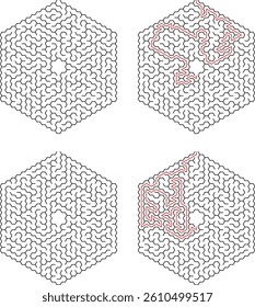 Solved Hexagon Maze Grid Different Solutions With Red Path On White Background