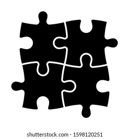 Solved jigsaw puzzle of four black pieces. Team cooperation, teamwork or solution business theme. Simple flat vector illustration.