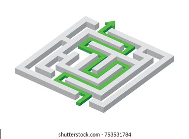 solved maze, green arrow, 3d like