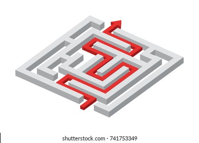 solved maze, red arrow, 3d like