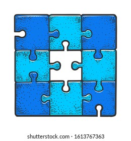 Solved puzzle without one missed piece sketch engraving vector illustration. T-shirt apparel print design. Scratch board imitation. Black and white hand drawn image.