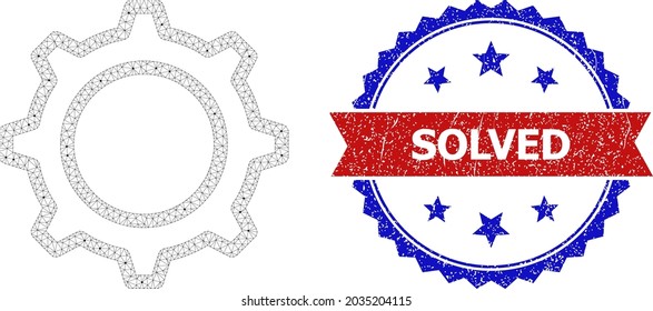 Solved scratched stamp seal, and contour gear icon polygonal structure. Red and blue bicolored stamp seal includes Solved text inside ribbon and rosette. Abstract flat mesh contour gear,